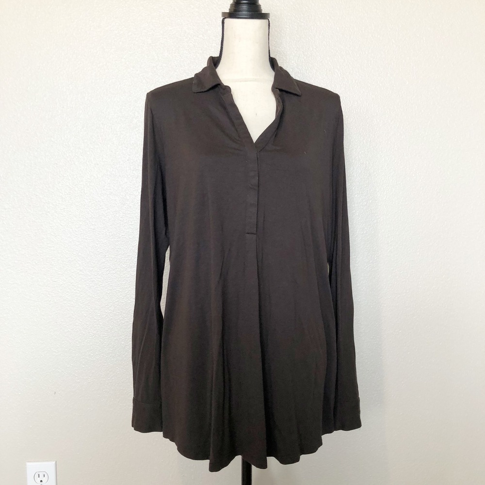 J. Jill Top Womens Large Brown Stretch Rayon Knit V-Neck Collared Tunic Shirt